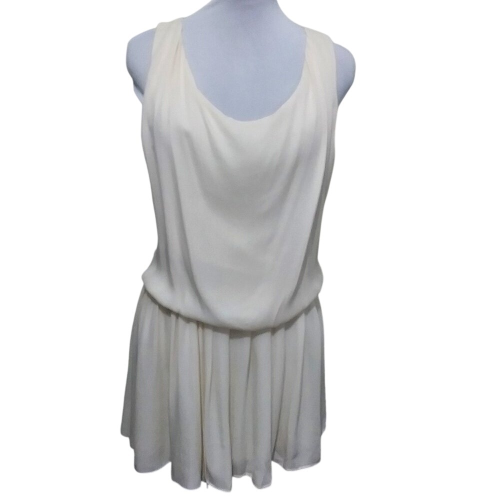 Alice + Olivia Cream Silk Cowl Neck Blouson Open Back Mini Dress XS‎
